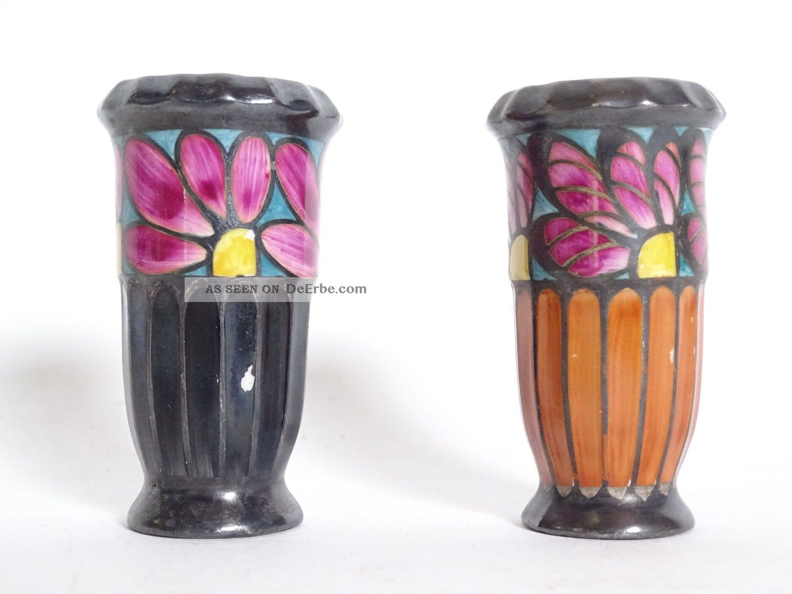 Paar Seltene Jugendstil Keramik Vasen Kleine Väschen Silbermontur 1890-1919, Jugendstil Bild