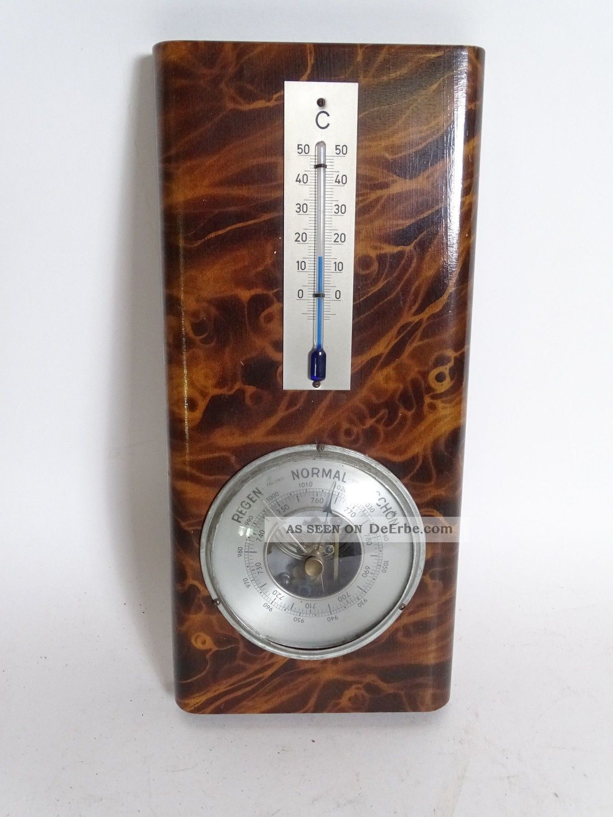 Antikes Art Déco Thermometer Barometer Wurzelholz Optik Furnier Wettergeräte Bild