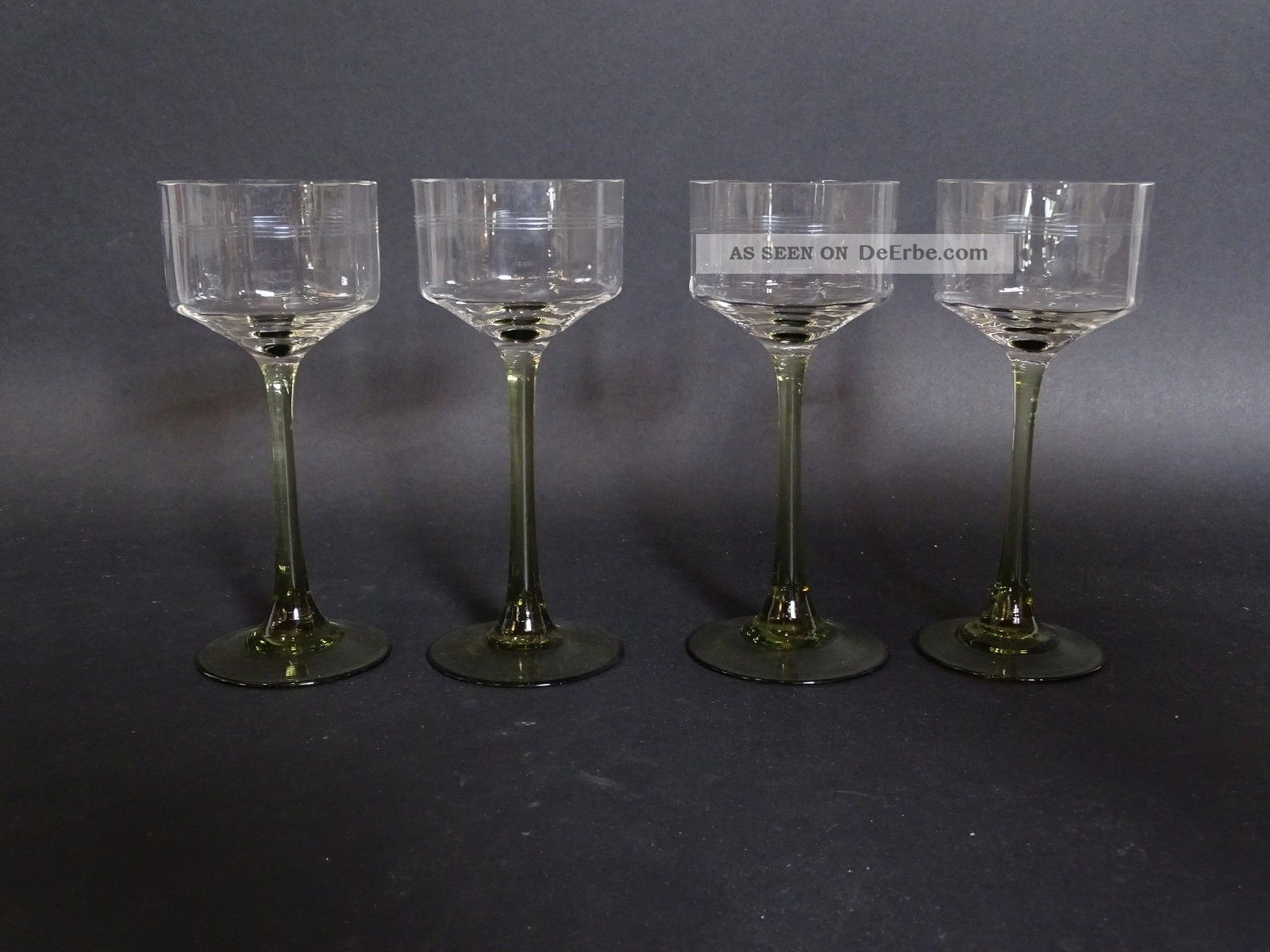 4 Antike Jugendstil Weißwein Gläser Weingläser Glas Mit Grünem Stil 1890-1919, Jugendstil Bild