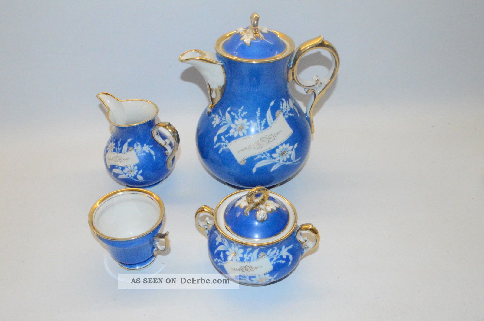1236,  Blau Gold Weiß Geschirr Porzellan Kaffekanne Zuckertopf Milchkanne Tasse 4 Haushalt Bild