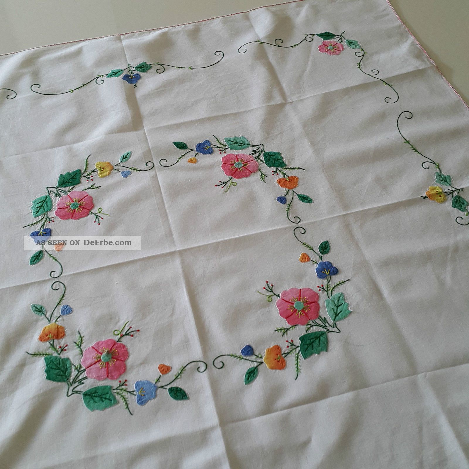 Mitteldecke Vintage 82x86 Cm Leinen Frühling Blumenkranz Blumen Farbenfroh Tischdecken Bild