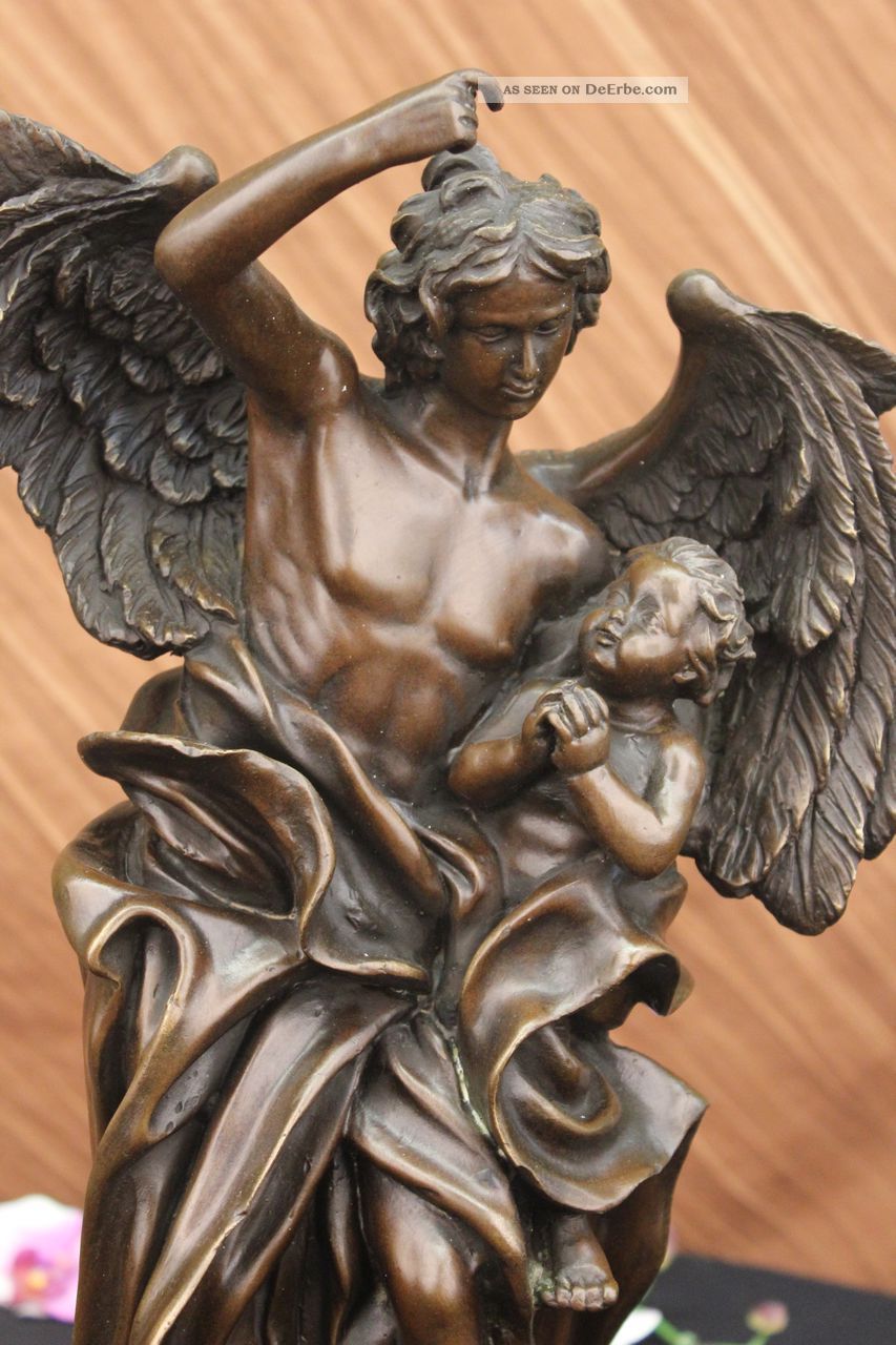 Nackter Schutzengel Art Nouveau Mythische Figur Bronze Skulptur Marmor Basis Antike Bild