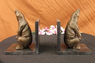 Unterzeichnet Paar Einzigartige Braunbären Buchstützen Bronze Sculpture Figur Bild