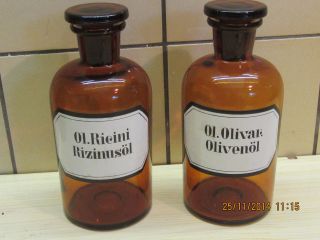 2 Apothekerflaschen 0,  5 Ltr.  Braun Enghals Olivenöl U.  Rizinusöl Bild