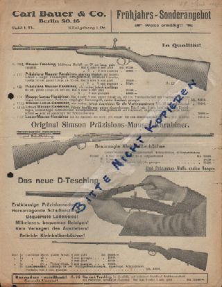 Berlin,  Prospekt 1923,  Carl Bauer & Co.  Schusswaffen Revolver Mauser Munition Bild