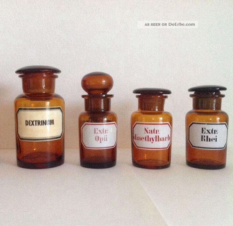 4 Alte Apothekerflaschen Mit Geschliffenem Verschluss, Emailliert