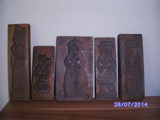 Fünf Holzmodel Spekelatiusformen Motive:frau/mann/nicolaus Bild
