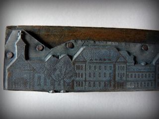 Alte Druckplatte Druck - Stempel Antik Metall,  Holz Motiv: Kirche,  Häuser Stadt Bild