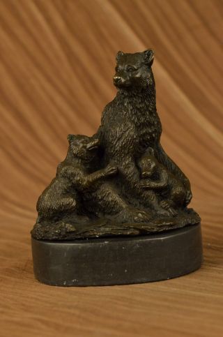 Signiert Grizzlybär Mit Zwei Jungen Bronze Skulptur Statue Figur Bild