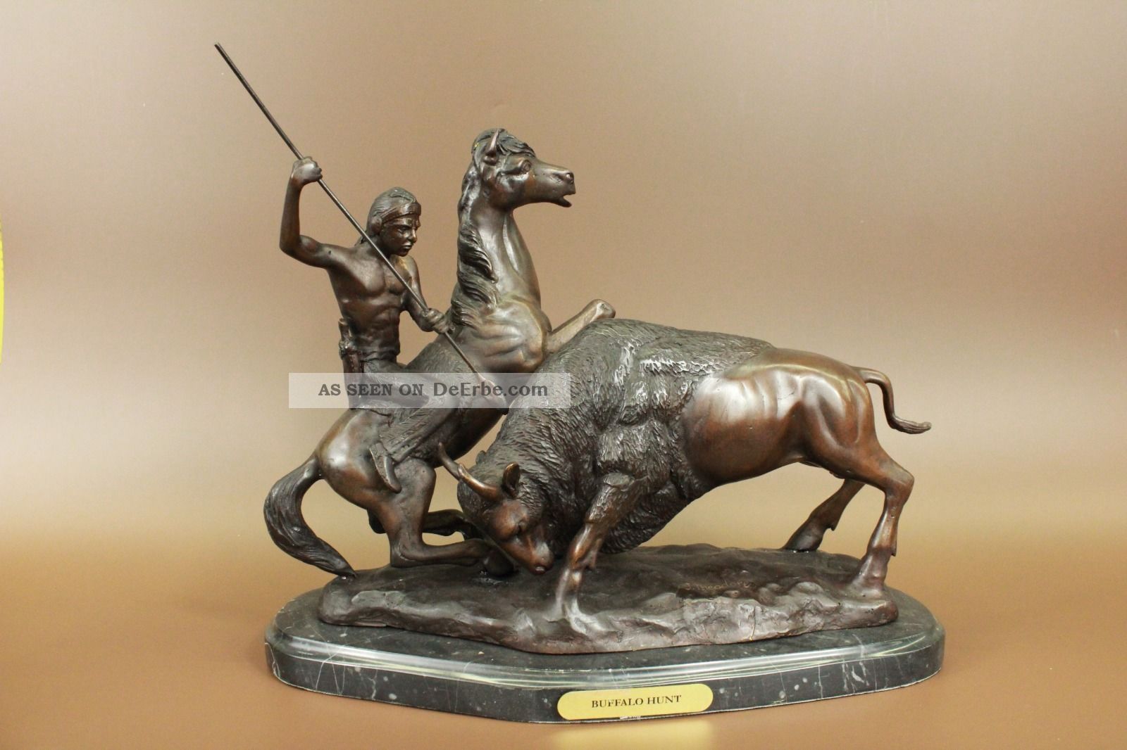 Skulptur Bronze Unterzeichnet Theodore Indianischen Jäger Büffel Antike Bild
