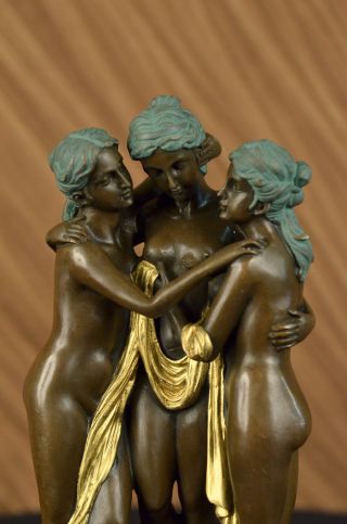 Signiert Drei Grazien Marmorsockel Statue Art Nouveau Figur Vergoldet Bild