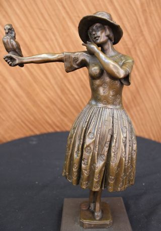 Bronze Skulptur Art Deco Mädchen Mit Papagei Von Chiparus Signiert Marmor Fuß Bild