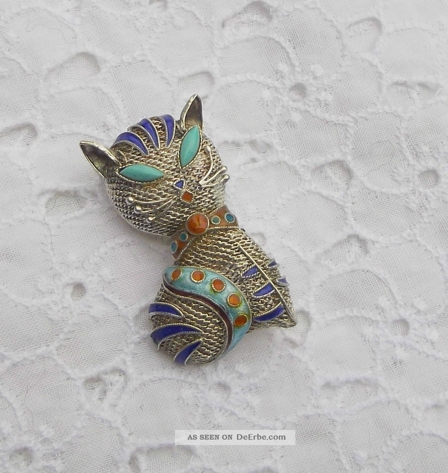 Süße Silver Katze Cloisonne & Türkis Anhänger & Brosche Filgran Arbeit - China Broschen Bild