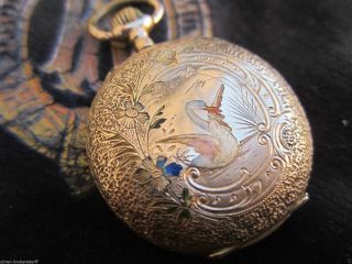Gold Email Damen Taschenuhr 14 Karat Schweiz Antik Pocket Watch Intakt Bild