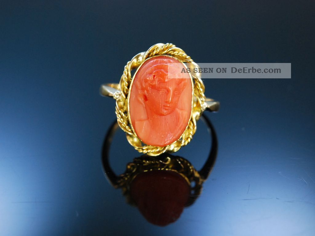 Antiker Ring Koralle Kamee Gemme Gold 750 Korallenring Sardegna England Um 1880 Ringe Bild