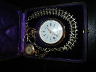 Taschenuhr - 800er Silber Remontoir Cylindre 6 Rubis Uhrkette Mit Kompass Läuft Bild