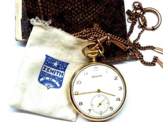 Zenith: Goldfb.  Taschenuhr Mit Uhrenkette,  Box (etwas Beschädigt) 8ql3137 Bild