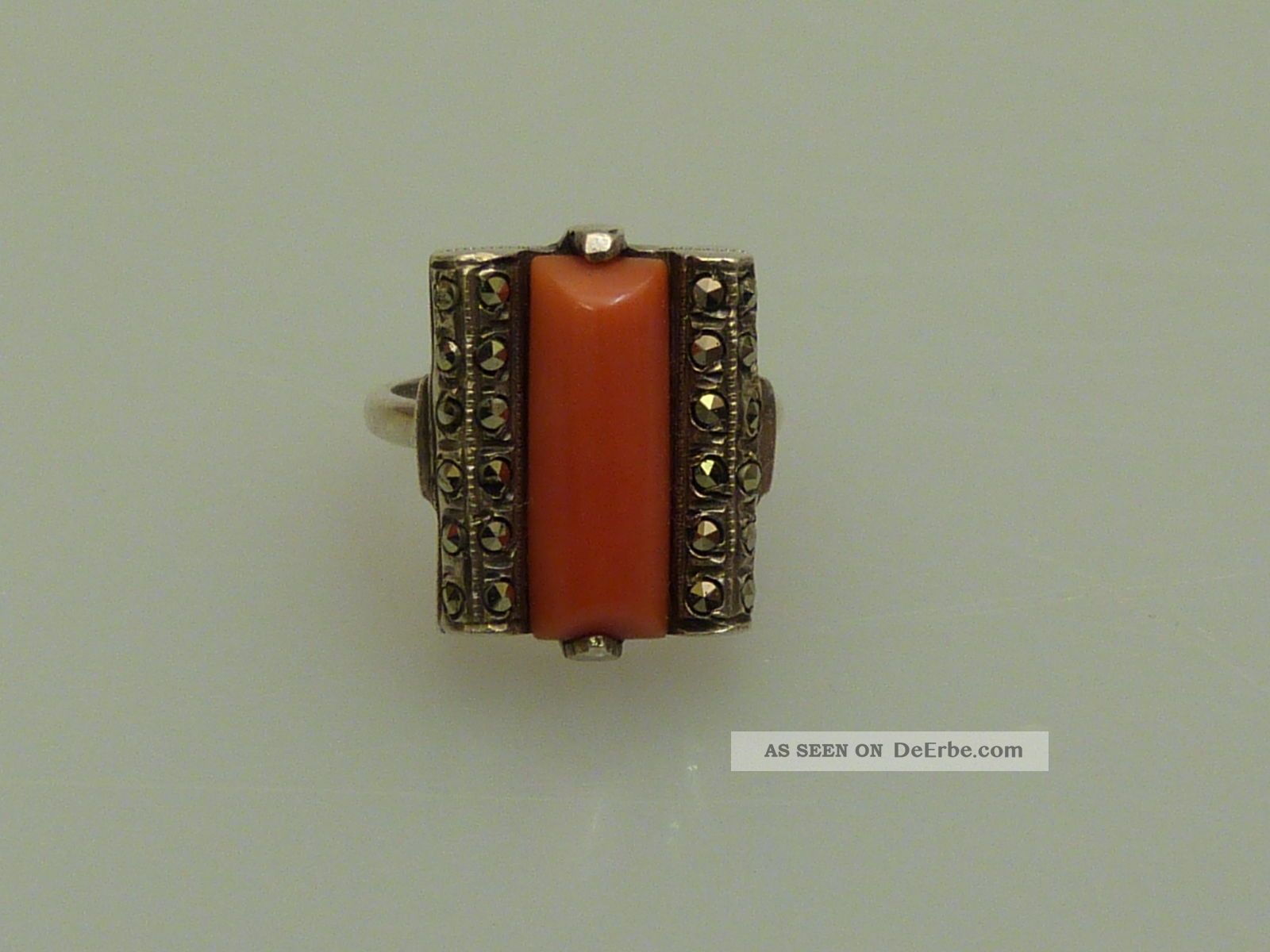 Ring Silber Koralle Markasit Antik Handarbeit Art Deco Zwanziger Jahre Ringe Bild