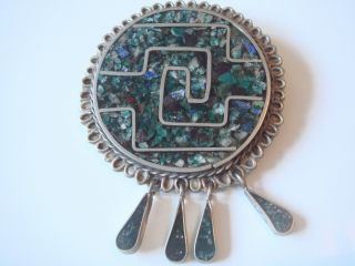 Antike Mexico Brosche & Anhänger Echt Silber 925 Echten Edelsteinen Inlays Bild