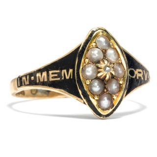 Victorian: Trauer Ring,  Gold Naturperlen Diamant & Email,  Trauerschmuck Mourning Bild