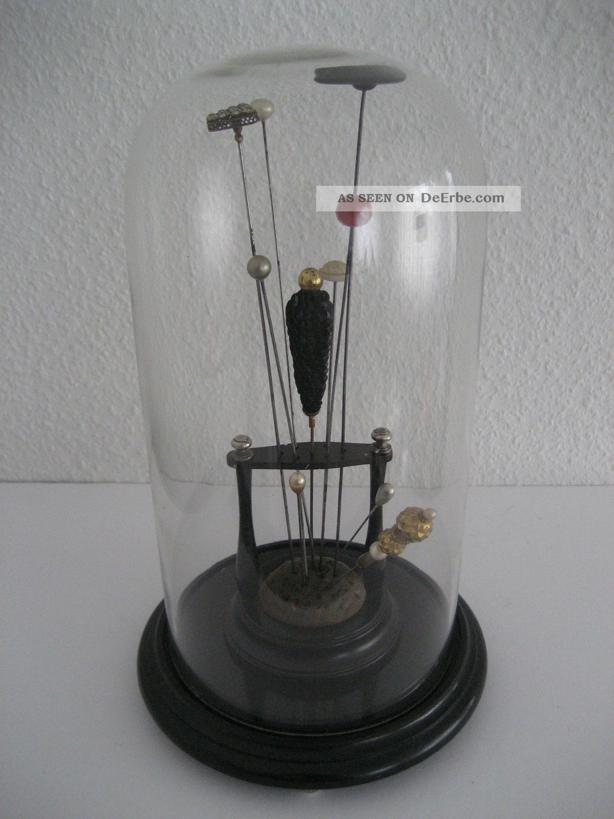 Seltener Antiiker Engl.  HutnadelstÄnder,  Ebenholz,  Im Glas Dome Schmuck & Accessoires Bild