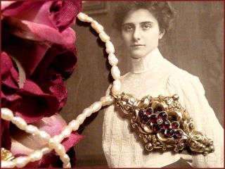 Antik Biedermeier Perlen Kette Barock Schnörkel Collier Gold Anhänger M.  Granat Bild