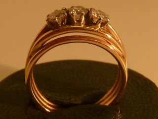 14 K.  Goldring Um 1900,  585er Gold Punz.  Mit 3 Stück Diamanten Geprüf.  Altschliff Bild