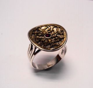 Rarität Damen - Ring Silber 800 M.  Echt - Gold Ornament Rubin Ursula Bach - Wild Bild