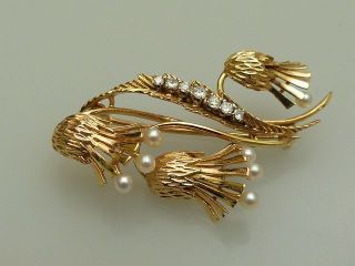 Brosche Gold 750 Brillanten Perlen Handarbeit Floral BlÜten Bild