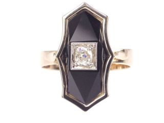 Viktorianisch 585 Gelb Gold 0,  25 Ct Diamant Fassettierte Onyx Ring,  Antik,  Unikat Bild
