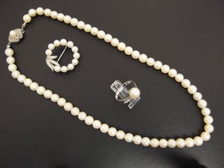 Komplettset Aus Perlen Mit 585 Weißgold; Halskette,  Ring Und Brosche Bild