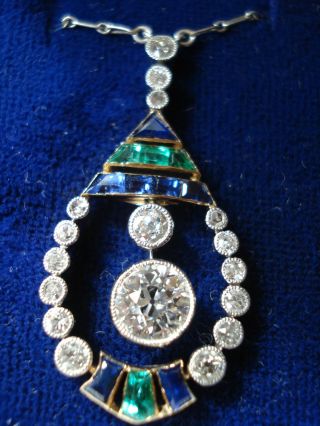 Top Art Deco / Jugendstil Collier Weiss,  Gelb - Gold 750 ? Diamant Smaragd Saphir Bild