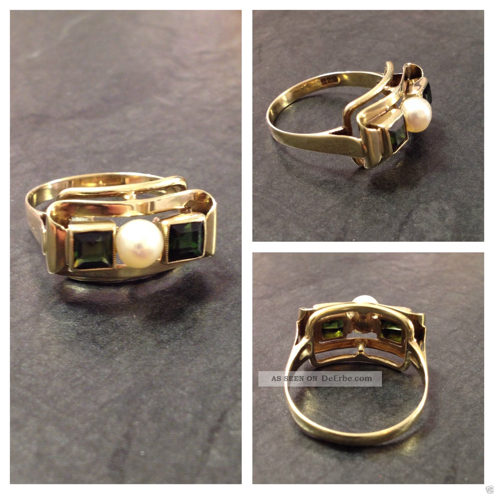 Antiker Goldring Mit Grünen Turmalinen Und Perle 333 Er Gold Ring Turmalinring Ringe Bild