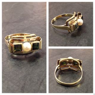 Antiker Goldring Mit Grünen Turmalinen Und Perle 333 Er Gold Ring Turmalinring Bild