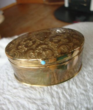 Antike Messing Dose,  Schmuck Schatulle,  Gravur Mm,  Türkis Bild