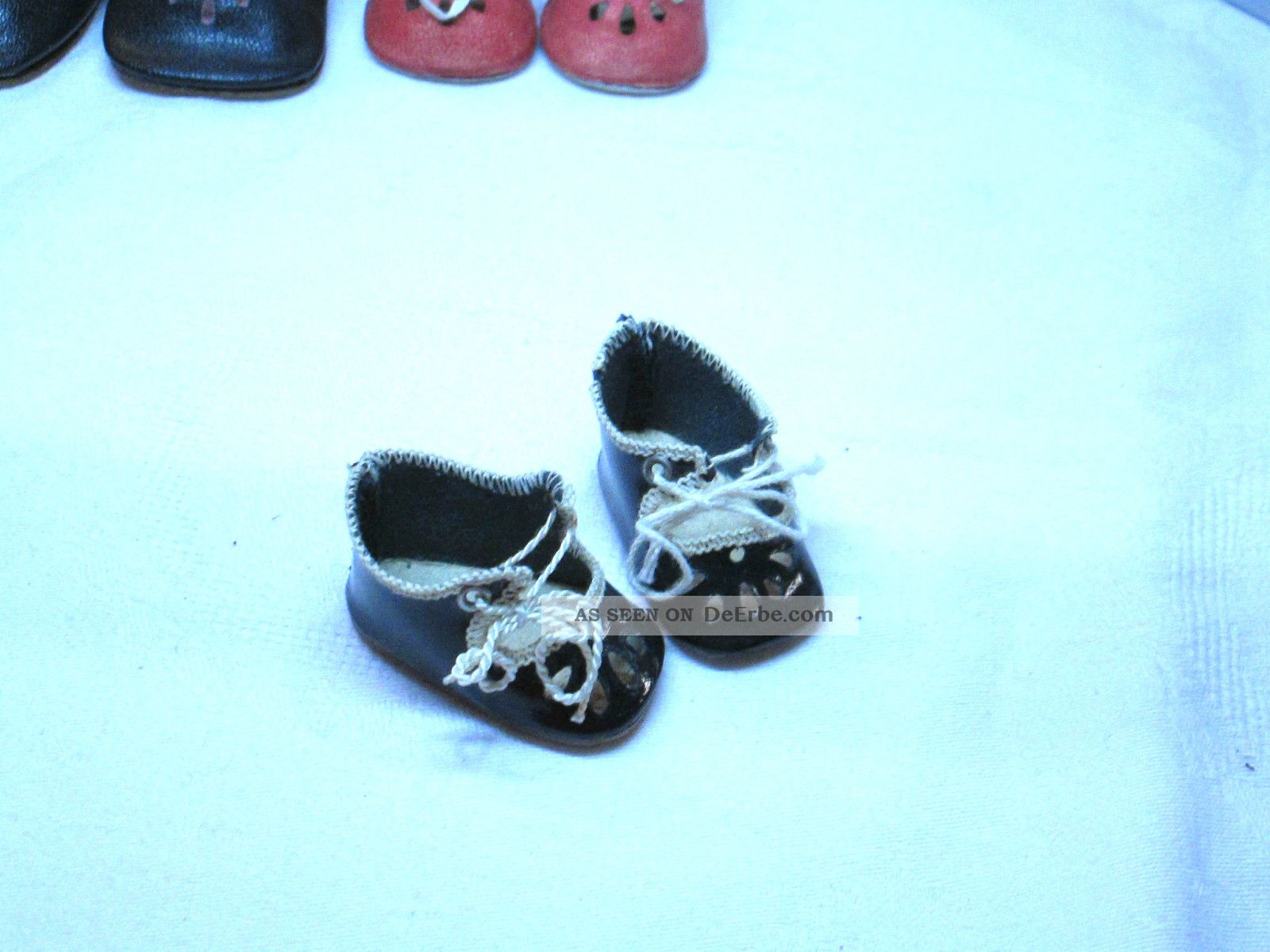 Hübsche Alte Kleine Puppenschuhe In Schwarz Aus Wachstuch 8 Original, gefertigt vor 1970 Bild