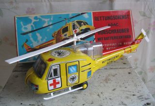 T.  N Nomura Japan Adac Hubschrauber Vintage Battery Tin Toy Helicopter & Box 60s Bild