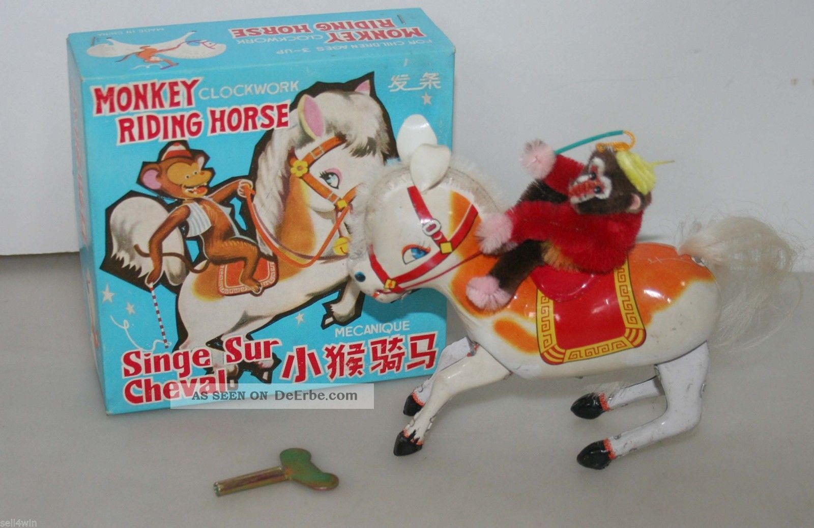 Ms 764 Monkey Riding Horse Tin Toy Blechspielzeug Clockwork Ovp Uhrwerk Affe Original, gefertigt 1945-1970 Bild