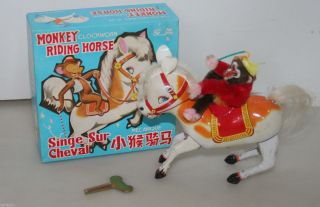 Ms 764 Monkey Riding Horse Tin Toy Blechspielzeug Clockwork Ovp Uhrwerk Affe Bild