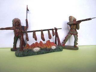 2 Elastolin Masse Indianer Mit Feuerstelle,  Serie 7 Cm. Bild