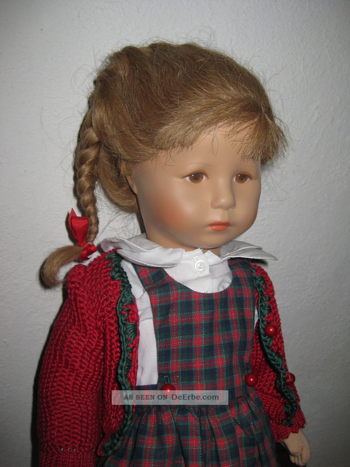 Unbespielte Käthe Kruse Puppe Mädchen Blond Mit Rotkariertem Kleid 48