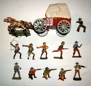Konvolut,  10 Massefiguren,  Elastolin Cowboys,  Planwagen,  Zugpferde,  Bastelware Bild
