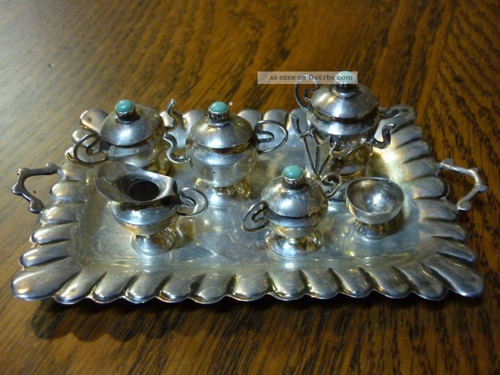 Puppenstuben Sterling Silber Tablett Mit Sterling Teegeschirr Wunderschön Original, gefertigt vor 1970 Bild