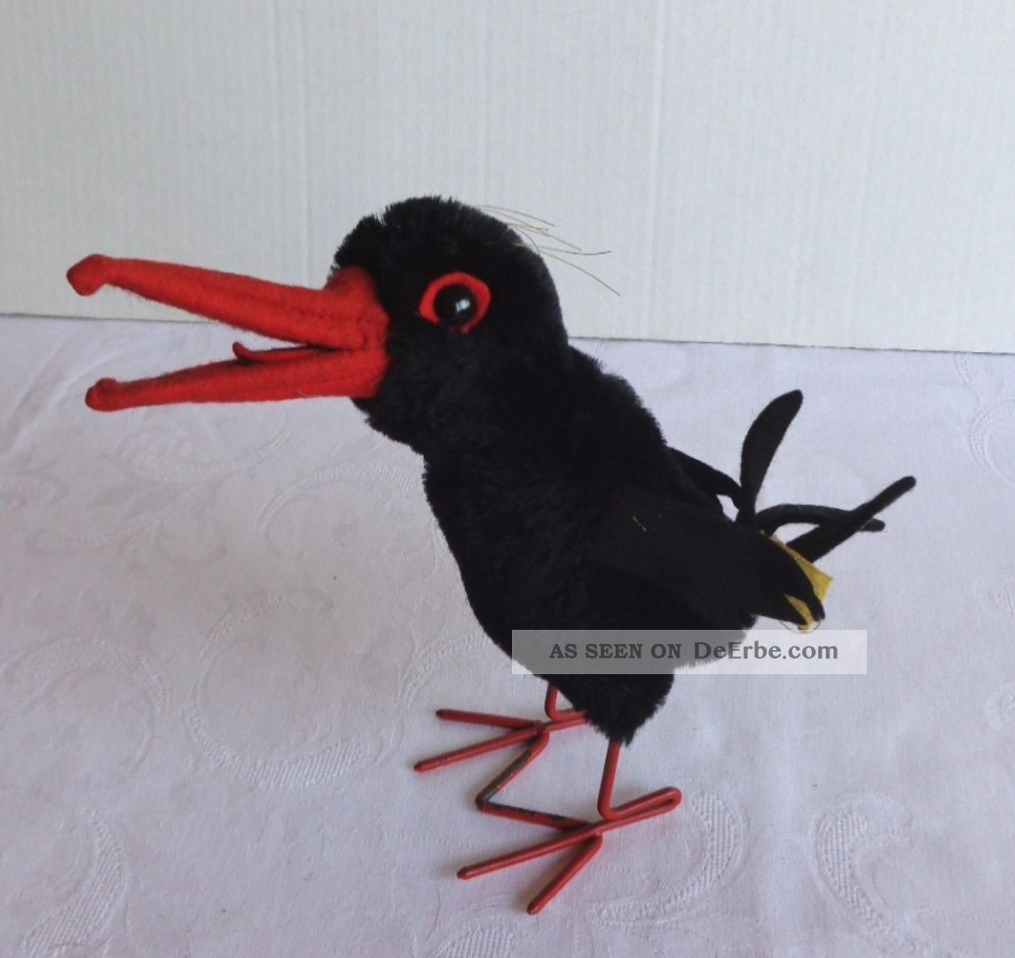 Rabe Steiff Schwarz Rot Metallfüße 50 Er Jahre Fahne Knopf Stofftier Plüsch Tier Tiere Bild