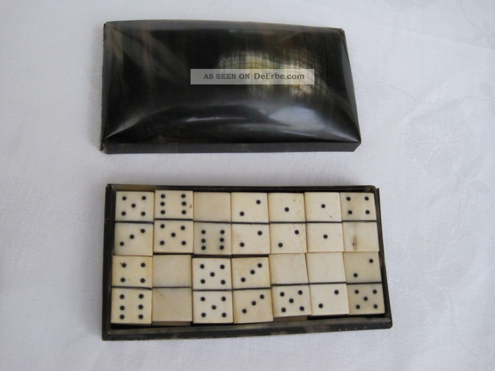 Altes Domino Spiel Horn Schachtel Und Steine Aus Horn Gefertigt vor 1945 Bild