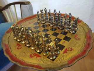 Alter Schachtisch,  Schachspiel Mit Metallfiguren - Made In Italy - Brevettato Bild