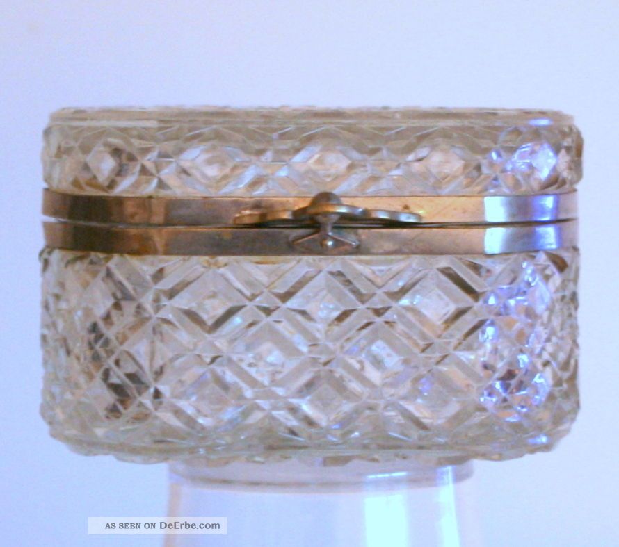 Ovale Glasdose/schmuckschatulle,  Um 1905,  Kristallglas Mit Metallmontierung Sammlerglas Bild