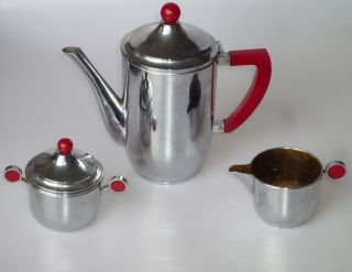 Art Deco Kaffee Tee Kern Rote Griffe Verchromt Kanne Milch Zucker Gemarkt Bild