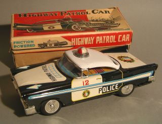 Sy Yoneya Japan Plymouth Police Patrol & Box Vintage Friction Tin Toy Car 1950s Bild
