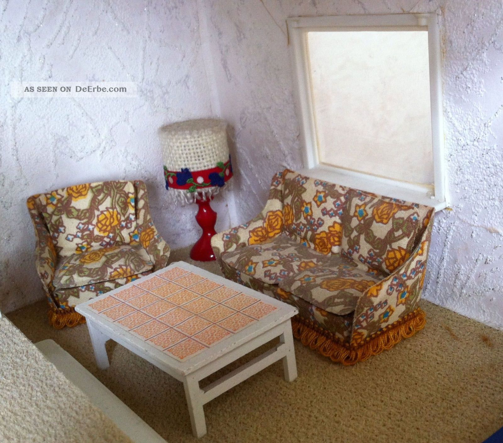 2sitzer Sofa 1 Sessel Stoff Bezog U.  Tisch Aus Lundby Puppenstube Nr: 98 Original, gefertigt vor 1970 Bild
